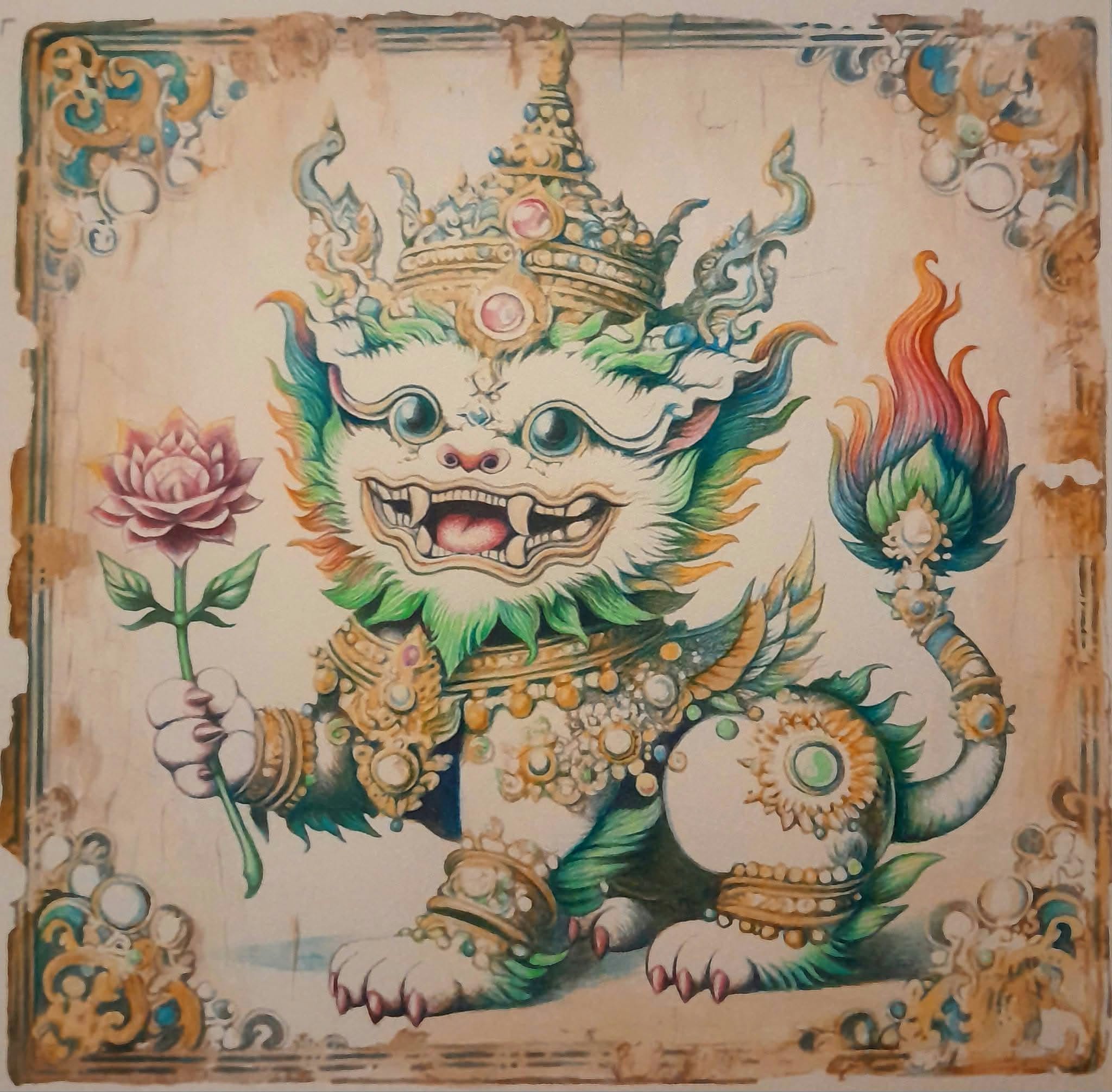 Créature mythique couronnée évoquant un lion, tenant une fleur rose et une flamme, dans un cadre ornemental.