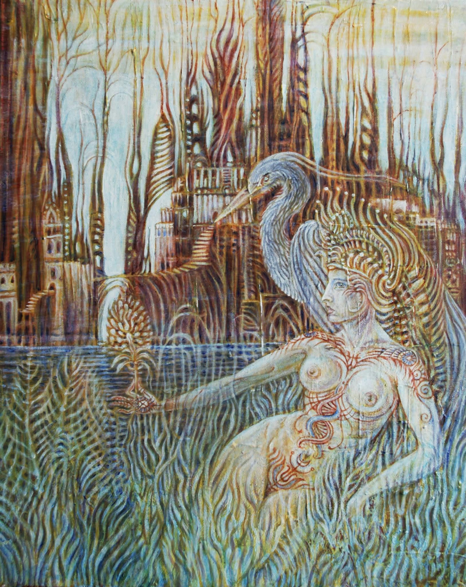 Figure allongée et grand héron devant un paysage boisé à l’architecture élaborée.