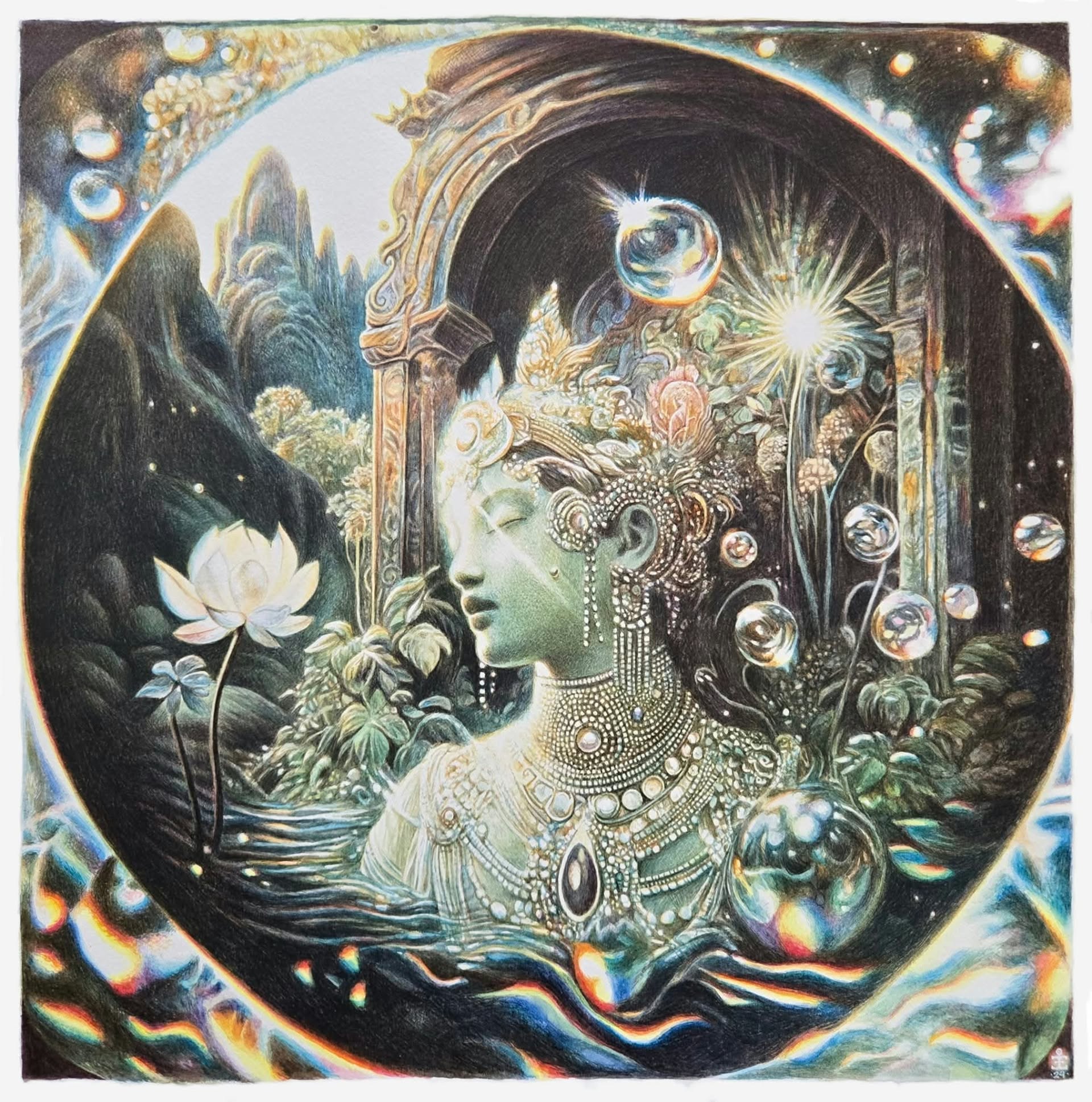 Figure délicatement parée de bijoux dans un jardin lumineux de lotus et de sphères flottantes.