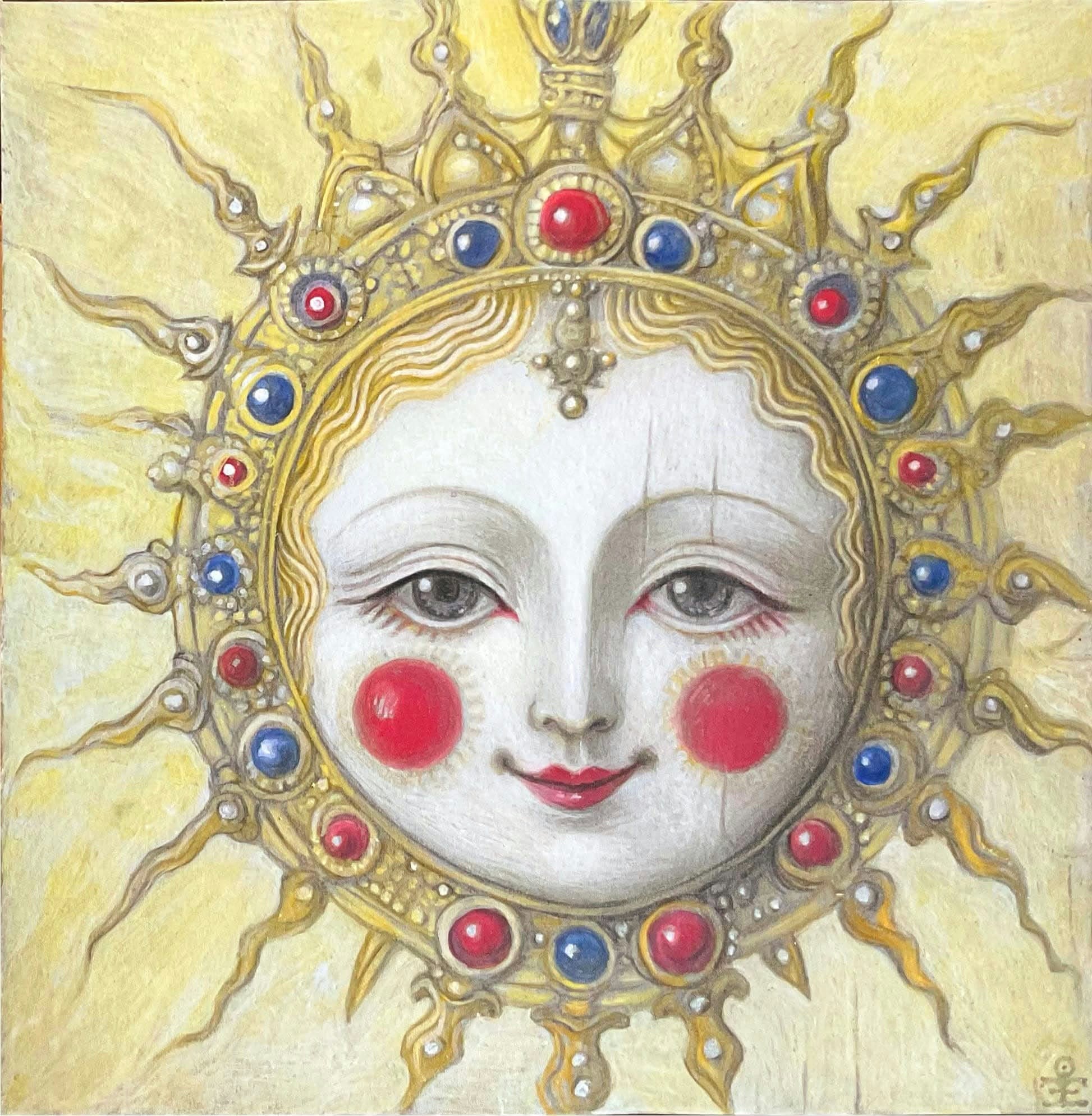 Visage de soleil souriant, entouré de rayons dorés et de pierres rouges et bleues.