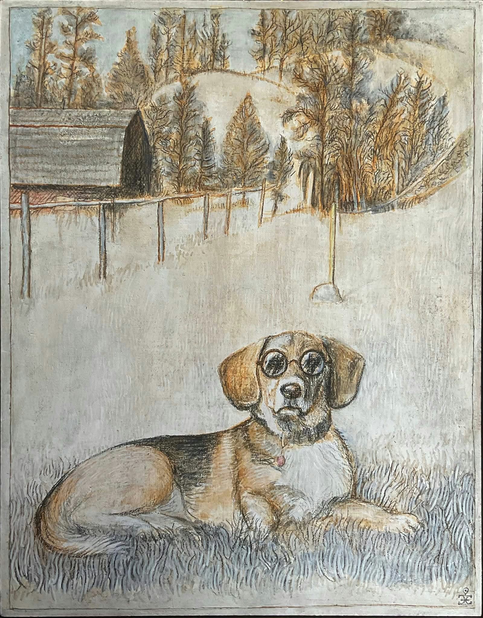 Peinture en techniques mixtes représentant Basho, un chien portant des lunettes rondes foncées dans un paysage rural enneigé.